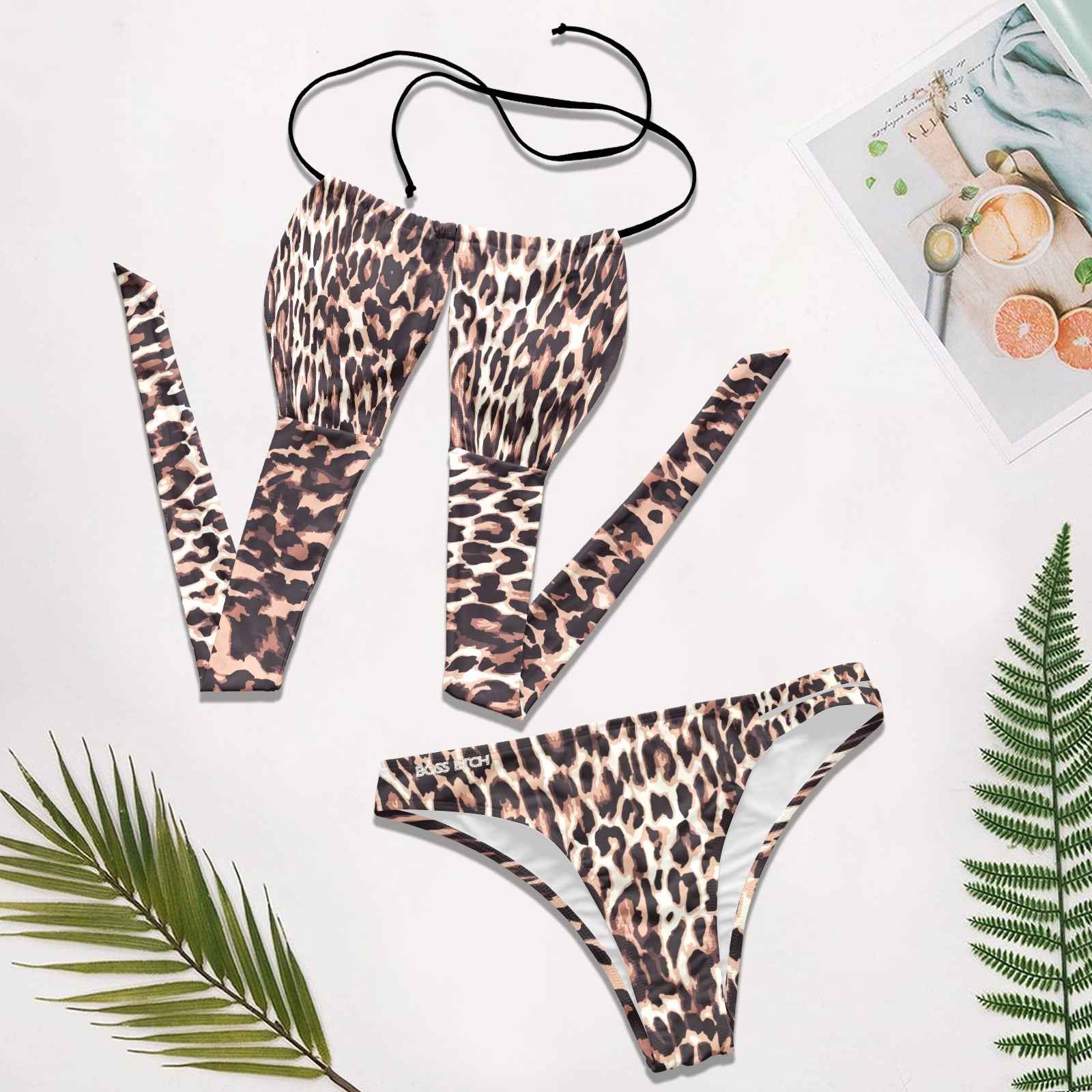 BOSS BTCH Leopard Print Halter Neck One Side Double Strap Bikini