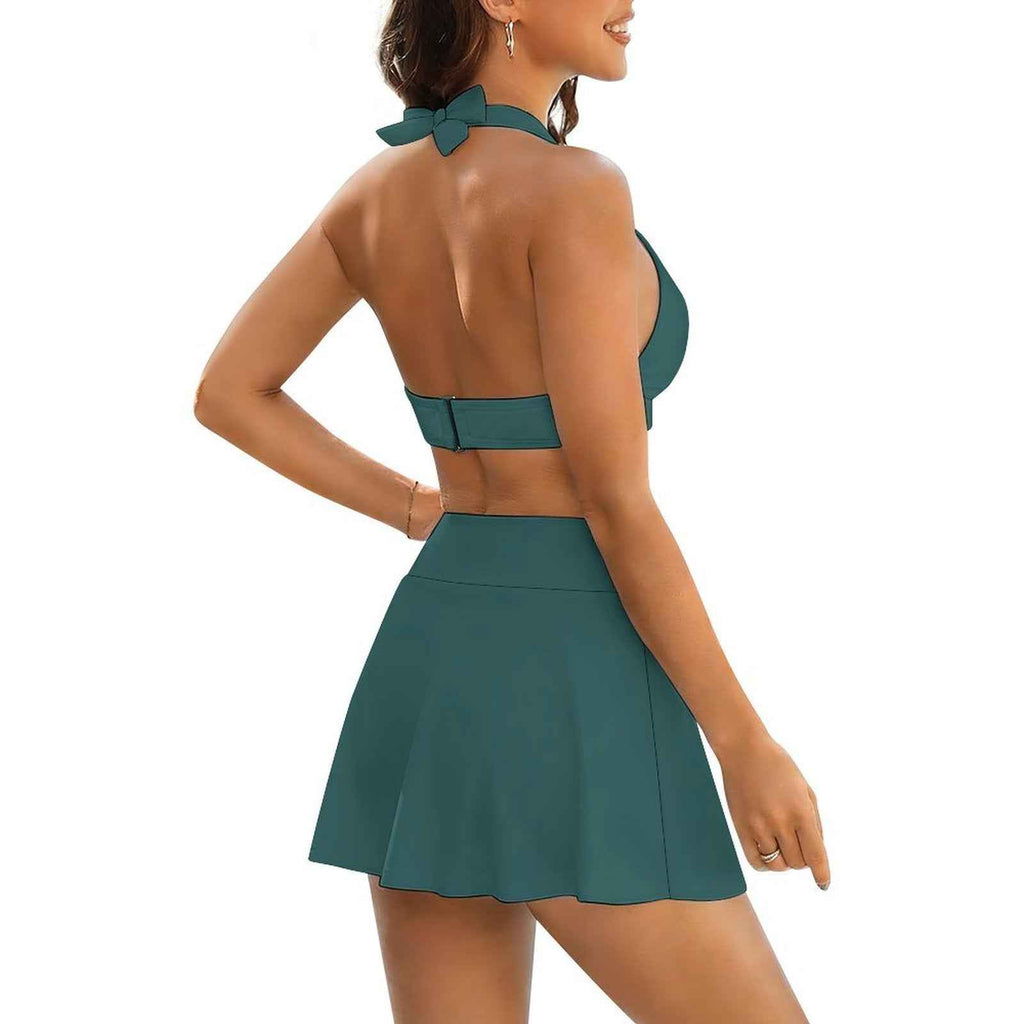 BOSS BTCH Green Halter Bikini Set with High Slit Skort