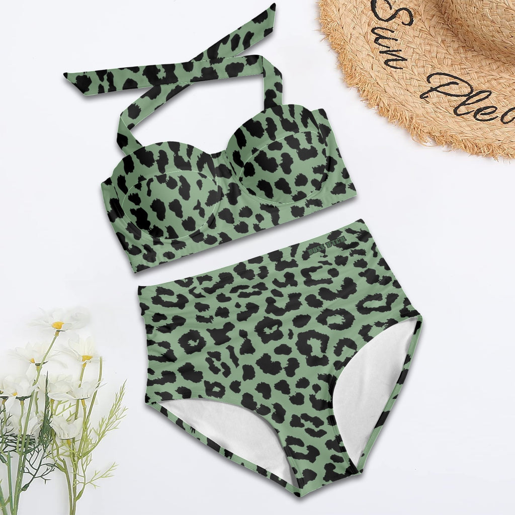 BOSS BTCH High Waisted Green Animal Print Support Cup Bikini