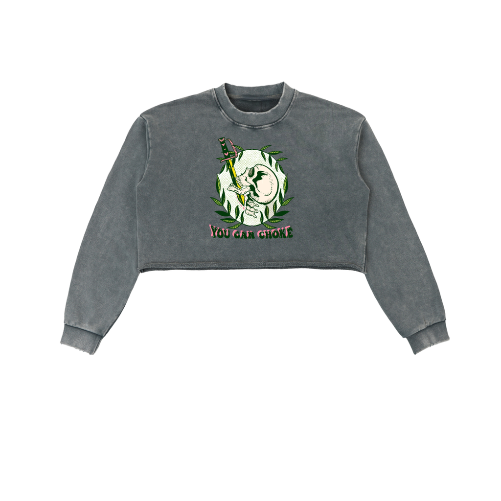 BoSS BTCH You Can Choke Snow Washed Raw Edge Cropped Sweatshirt