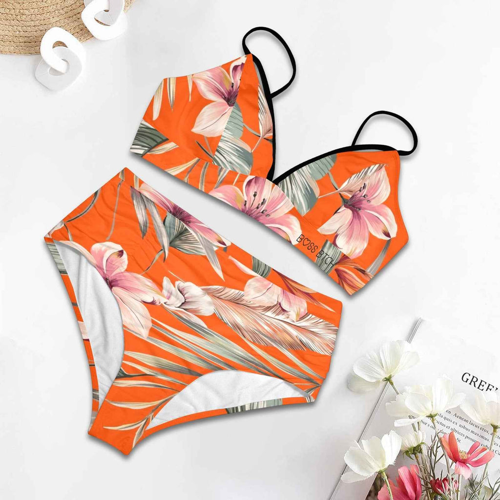 BOSS BTCH Orange Floral Over The Bust Strap High Waisted Bikini