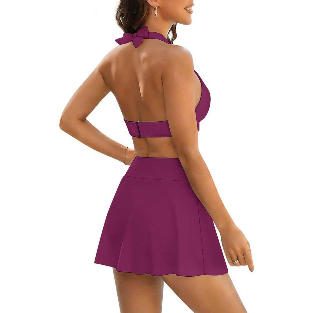 BOSS BTCH Berry Halter Bikini Set with High Slit Skort