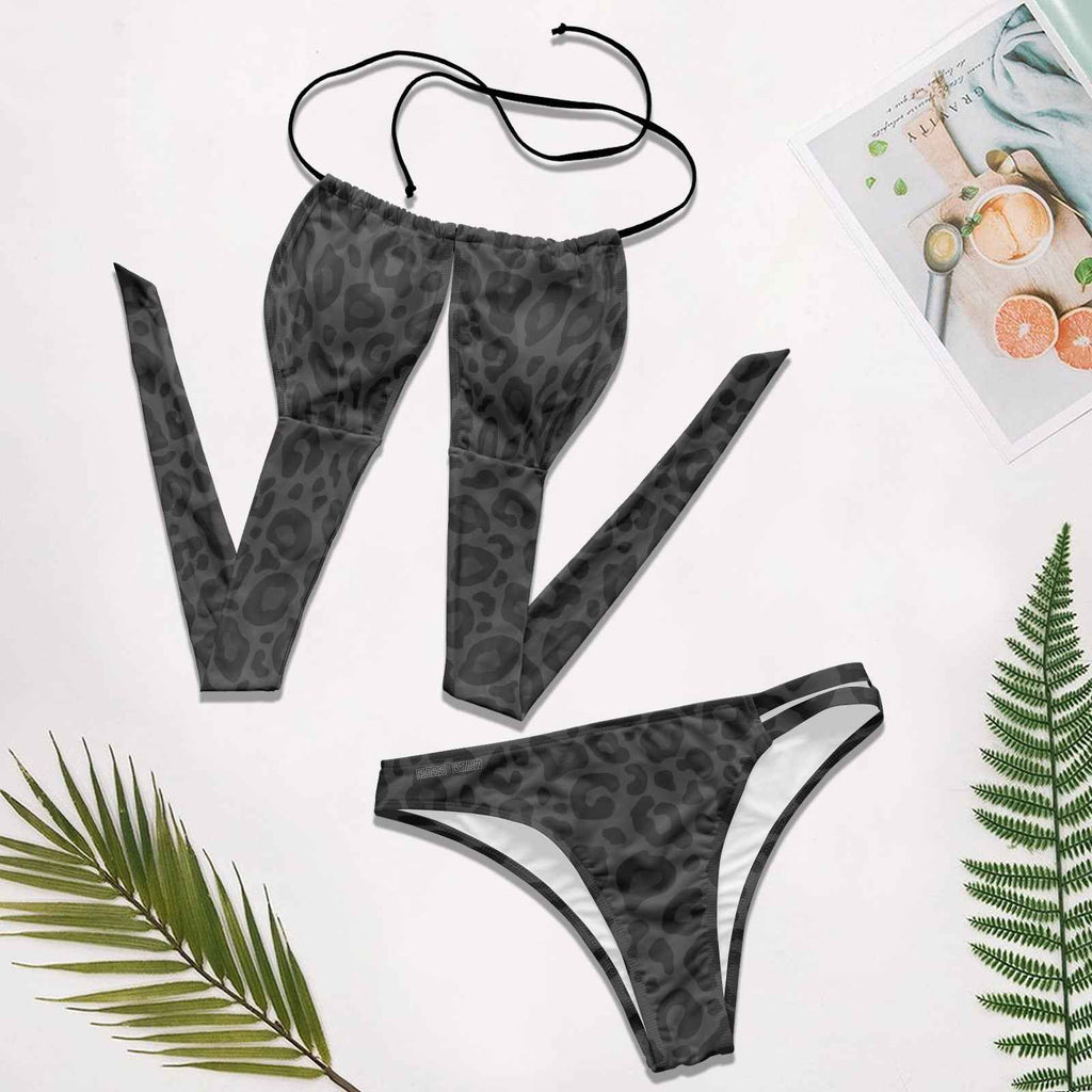 BOSS BTCH Black Leopard Print Halterneck One Side Double Strap Bikini