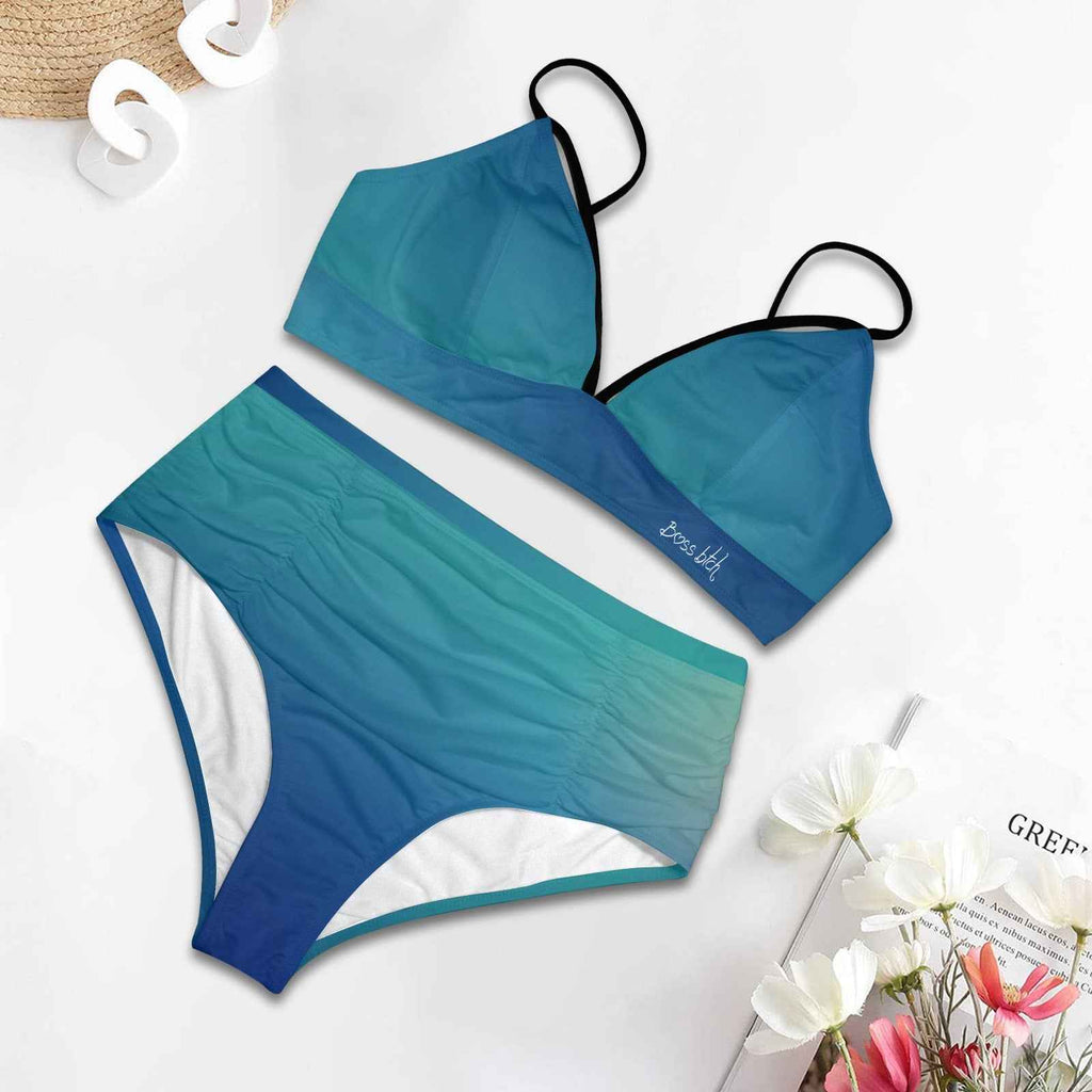 BOSS BTCH Blue Aqua Gradient Over The Bust Strap High Waisted Bikini