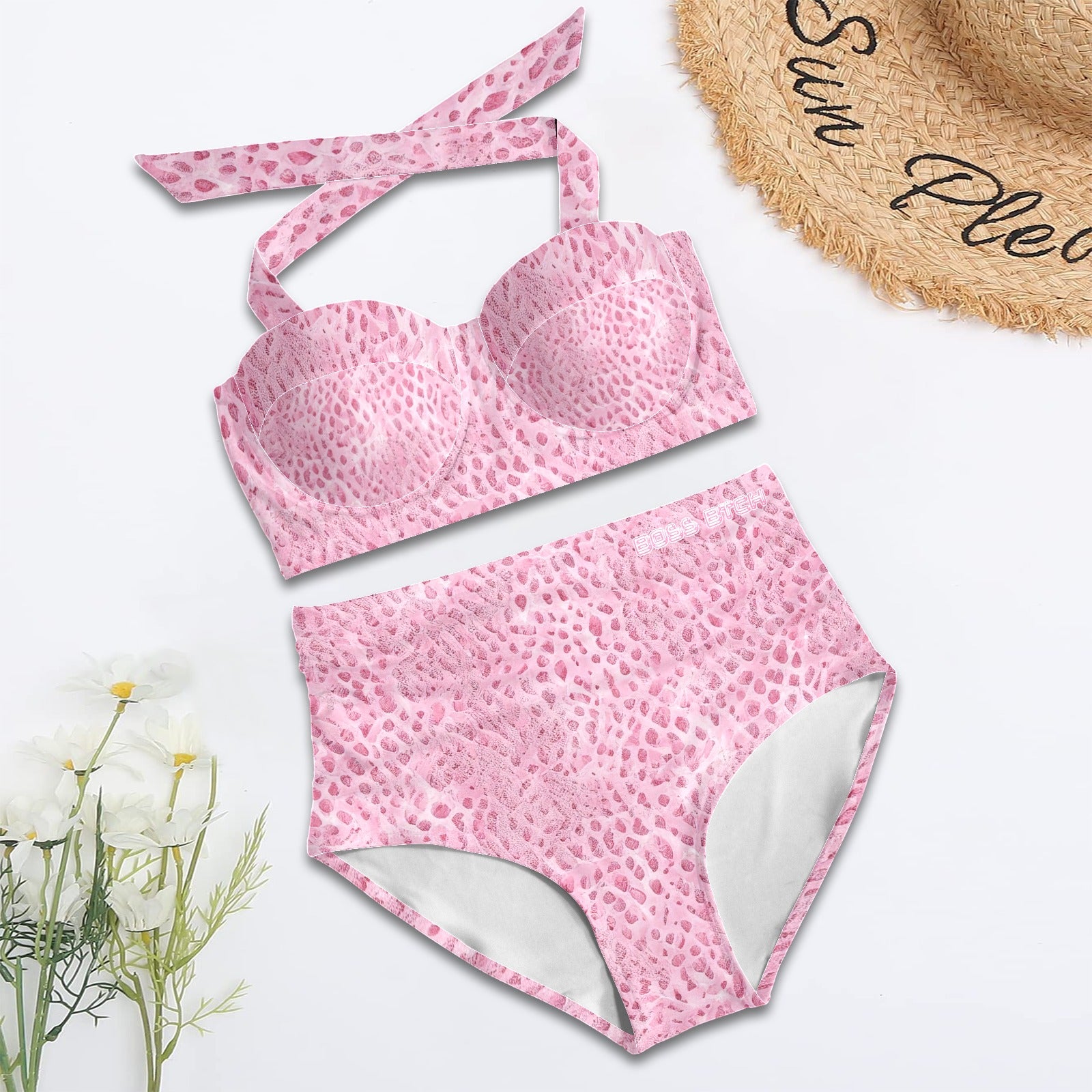 BOSS BTCH High Waisted Pink Crocodile Print Support Cup Bikini