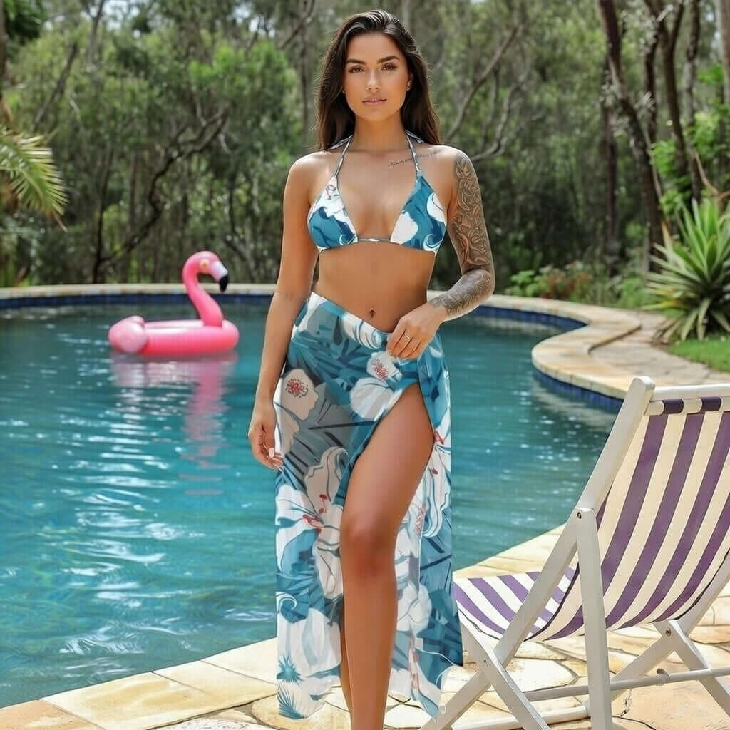 BOSS BTCH Blue with White Lilly Print Full Length Sarong