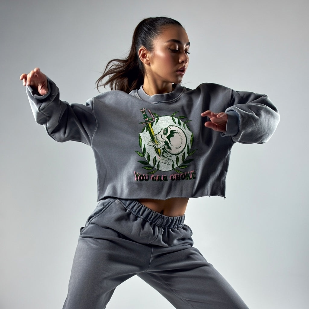 BoSS BTCH You Can Choke Snow Washed Raw Edge Cropped Sweatshirt