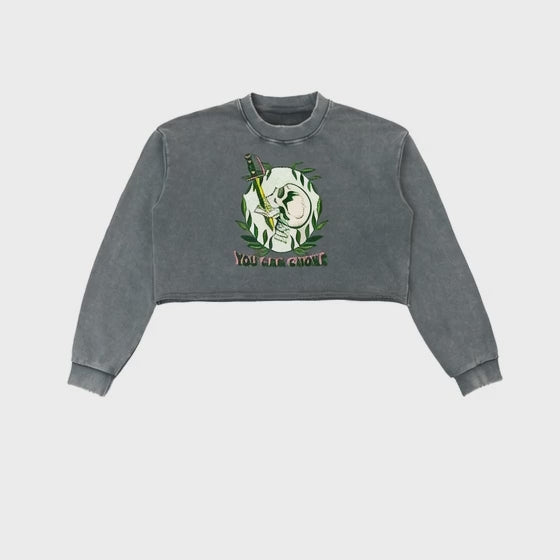 BoSS BTCH You Can Choke Snow Washed Raw Edge Cropped Sweatshirt