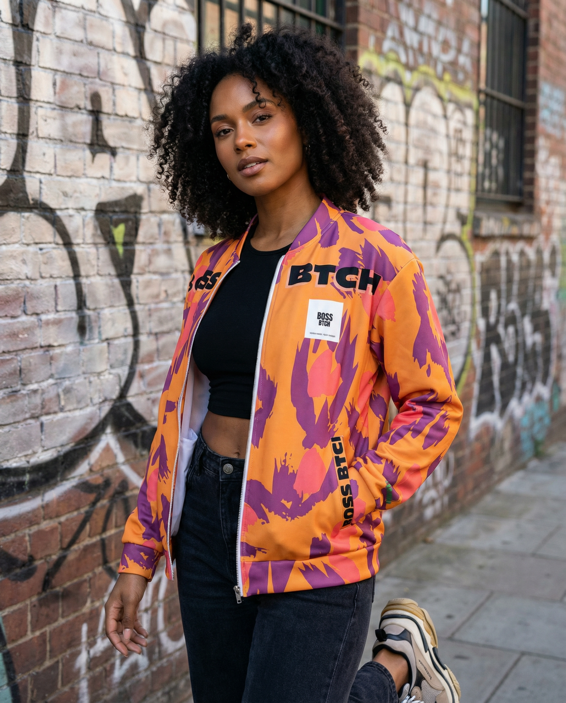 BoSS BTCH Bright Orange Print Bomber Jacket.