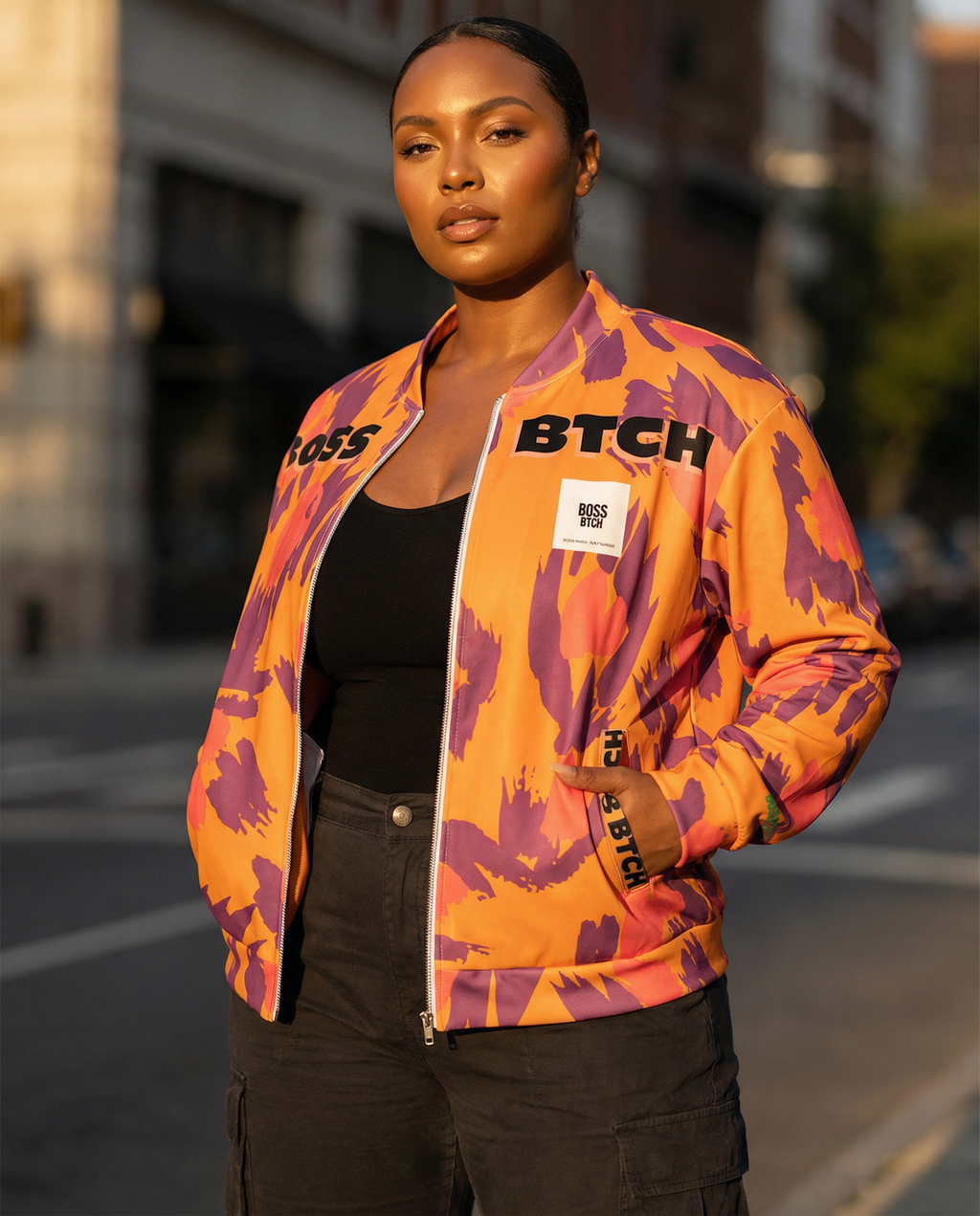 BoSS BTCH Bright Orange Print Bomber Jacket.
